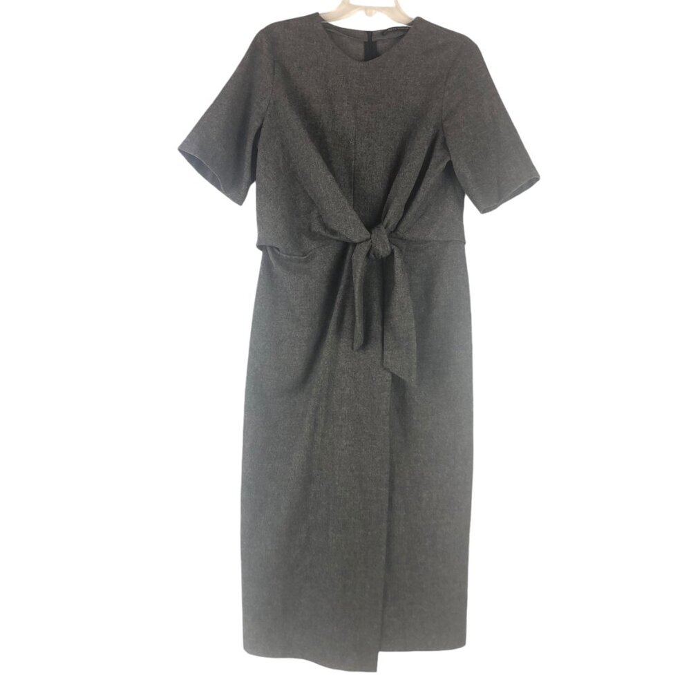 Zara Woman Knotted Wool Faux Wrap Dress Tie Waist Gray Short Sleeve, Siz…